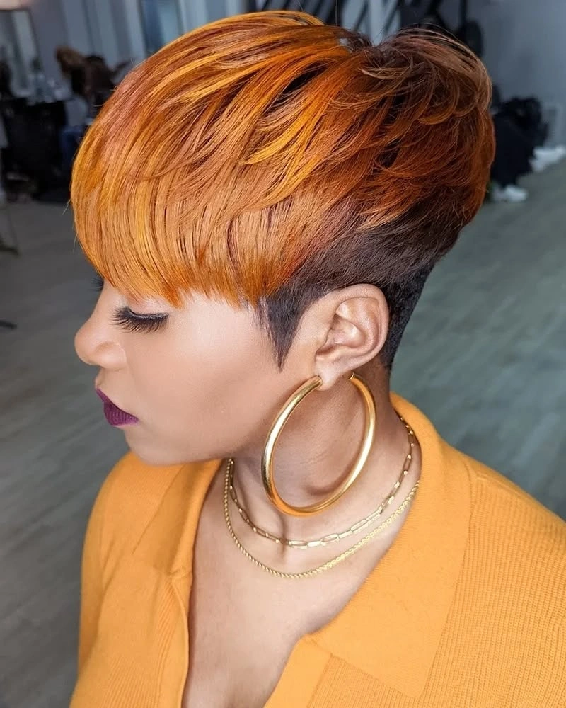 fall hair colors for black women 2026 Golden Copper Pixie With Bold Autumn Energy