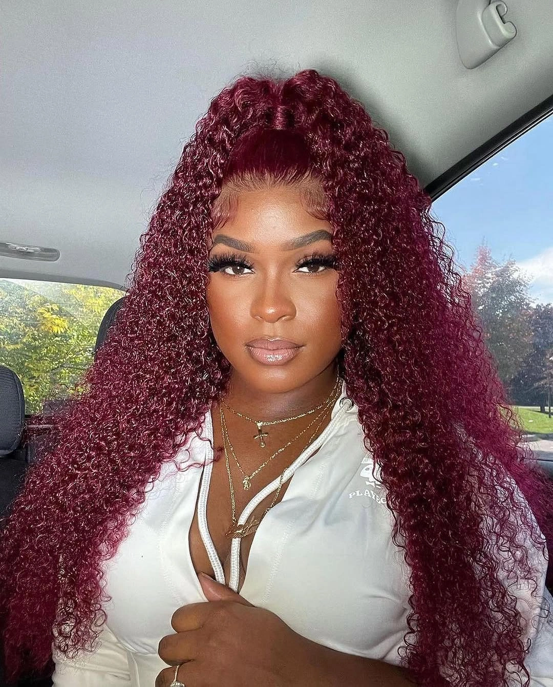 fall hair colors for black women 2026 Deep Burgundy Curls for Rich Autumn Glamour
