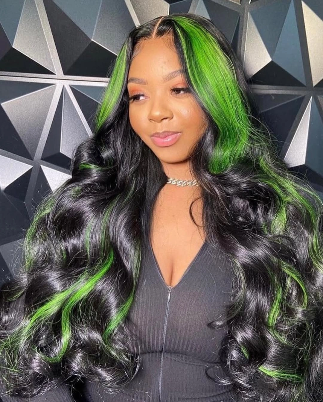 fall hair colors for black women 2026 Electric Green Money Pieces With Glossy Black Waves