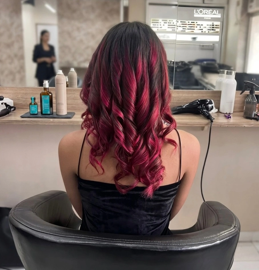 Fall hair colour ideas 2026 Black Cherry Ombre Curls with Bold Magenta Ends