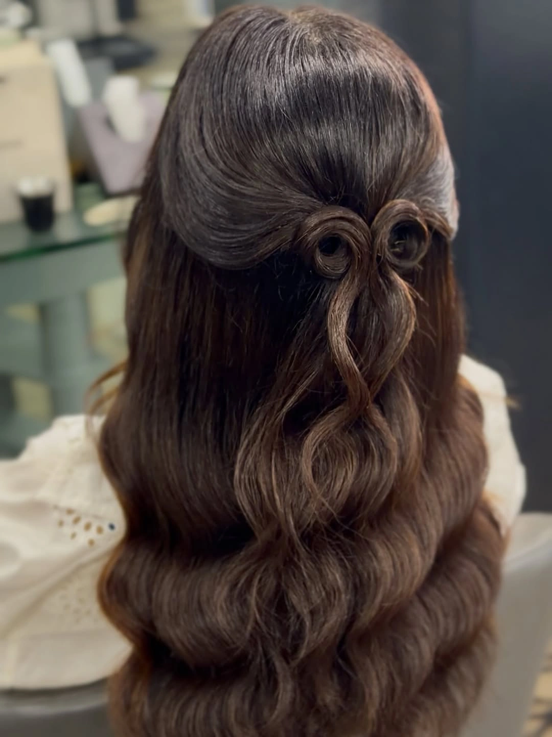 Fall hair colour ideas 2026 Espresso Waves with a Romantic Ribbon Half-Up Style