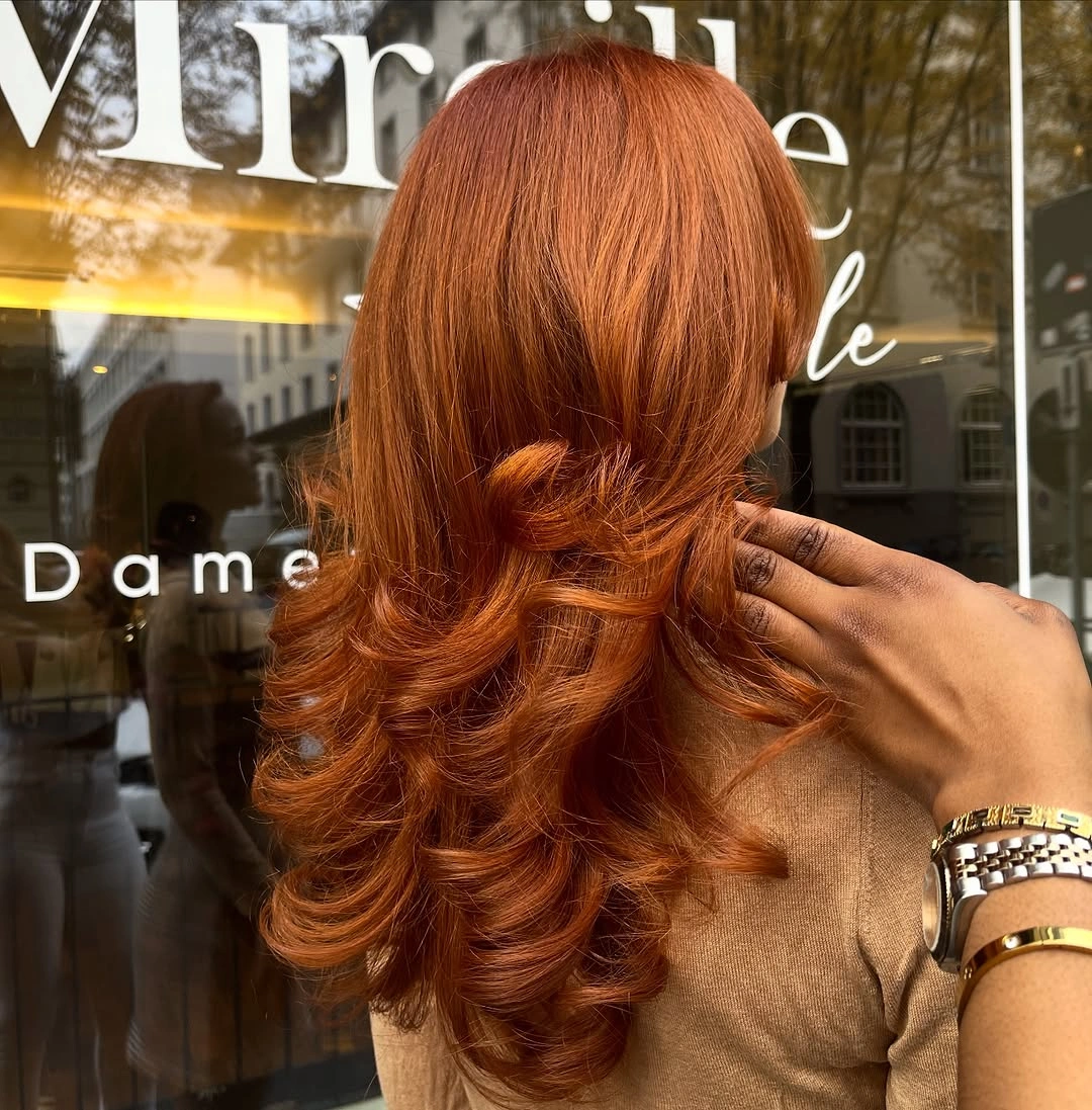 fall haircuts for women 2026 Copper Velvet Layers With Soft Retro Bounce