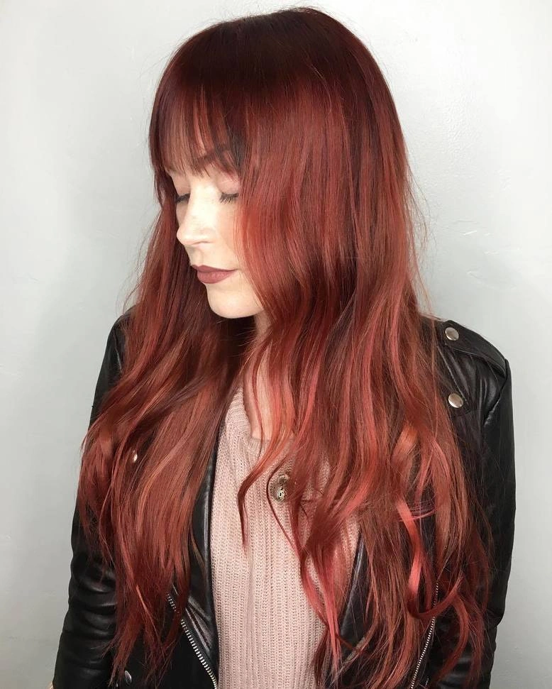 fall haircuts for women 2026 Rich Auburn Length With Soft Full Fringe