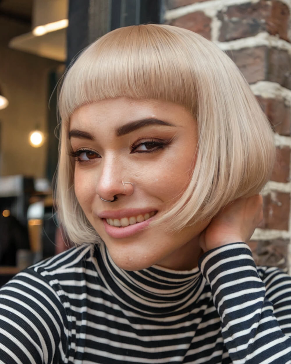 Fall hairstyles for short hair 2026 Sharp Platinum Micro Bob With Statement Bangs