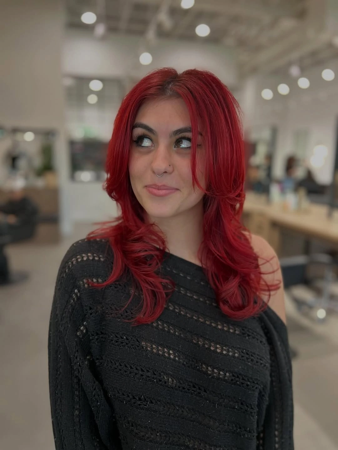 fall medium haircuts 2026 Rich Crimson Medium Layers with Face-Framing Curtain Pieces