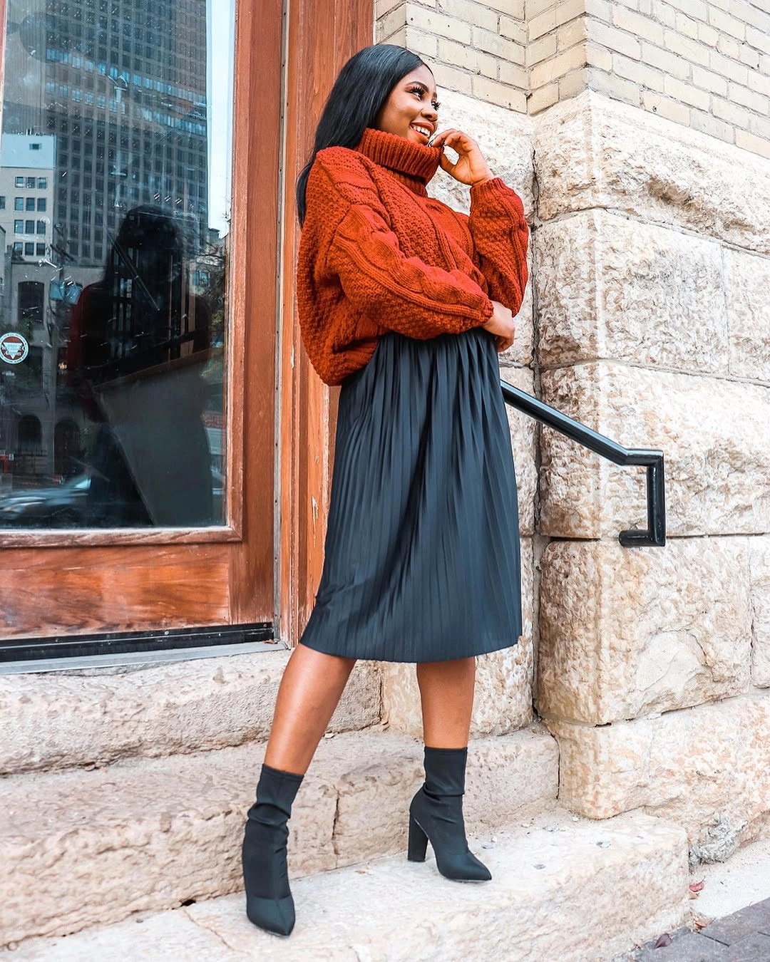 midi skirt fall outfit 2026 Rust Knit Meets a Flowing Black Midi