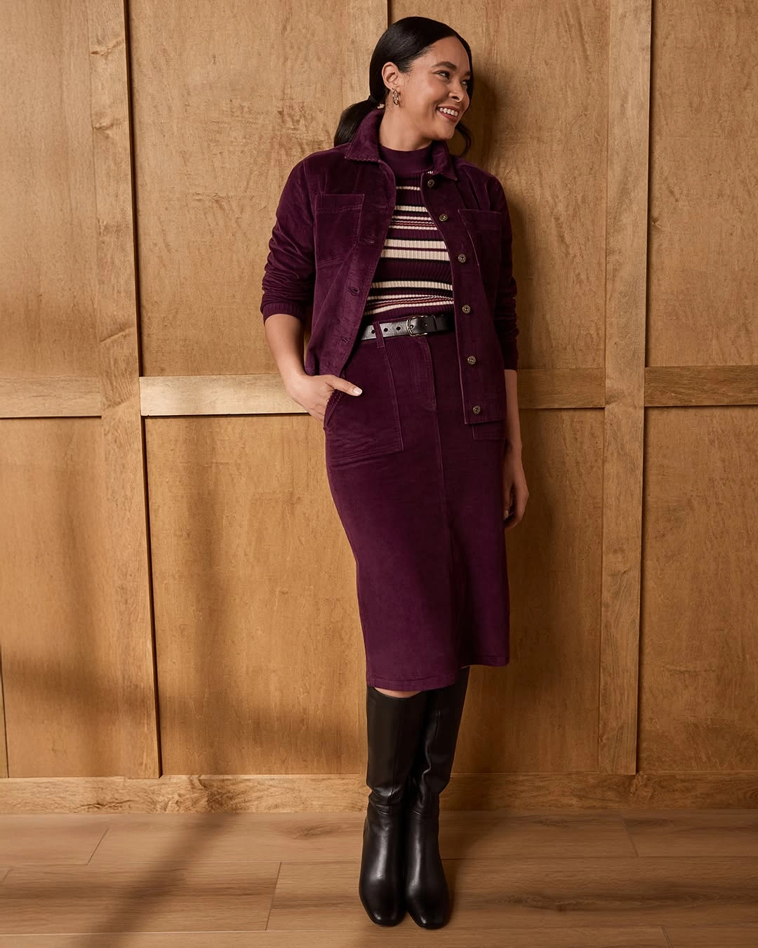 midi skirt fall outfit 2026 Rich Plum Corduroy for a Modern Autumn Wardrobe