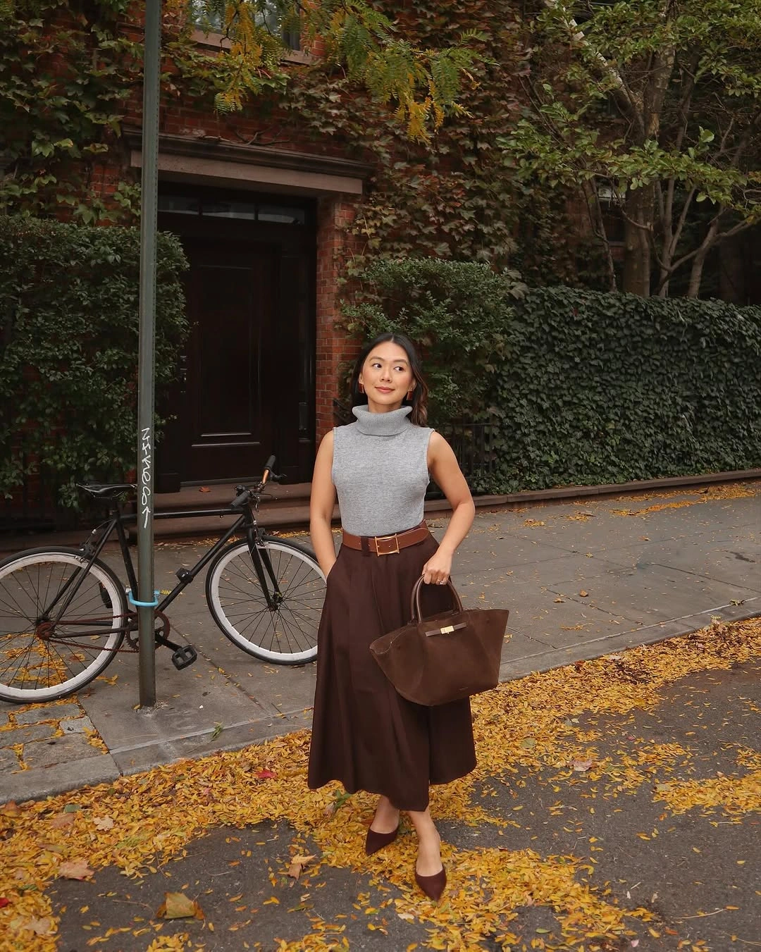 midi skirt fall outfit 2026 Chocolate Midi with Soft Grey Minimalism
