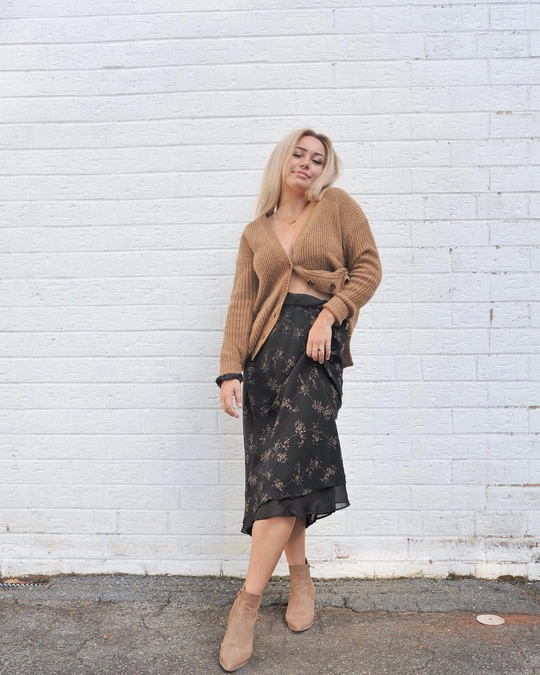 midi skirt fall outfit 2026 Floral Midi with a Cozy Camel Cardigan