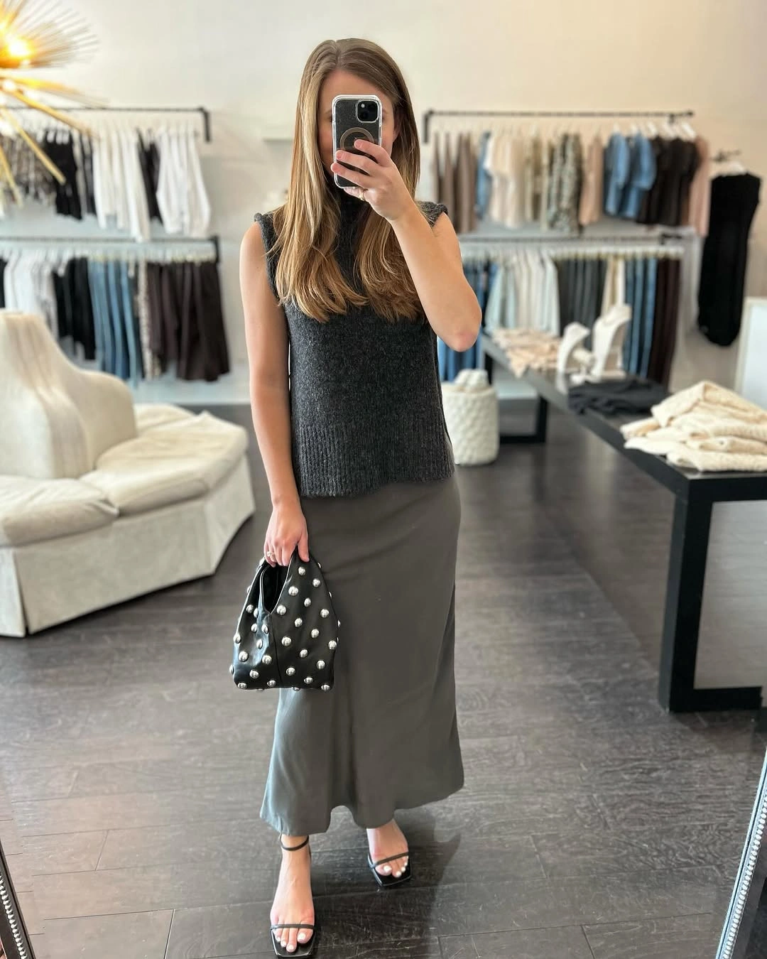midi skirt fall outfit 2026 Minimalist Grey Layers with Modern Elegance