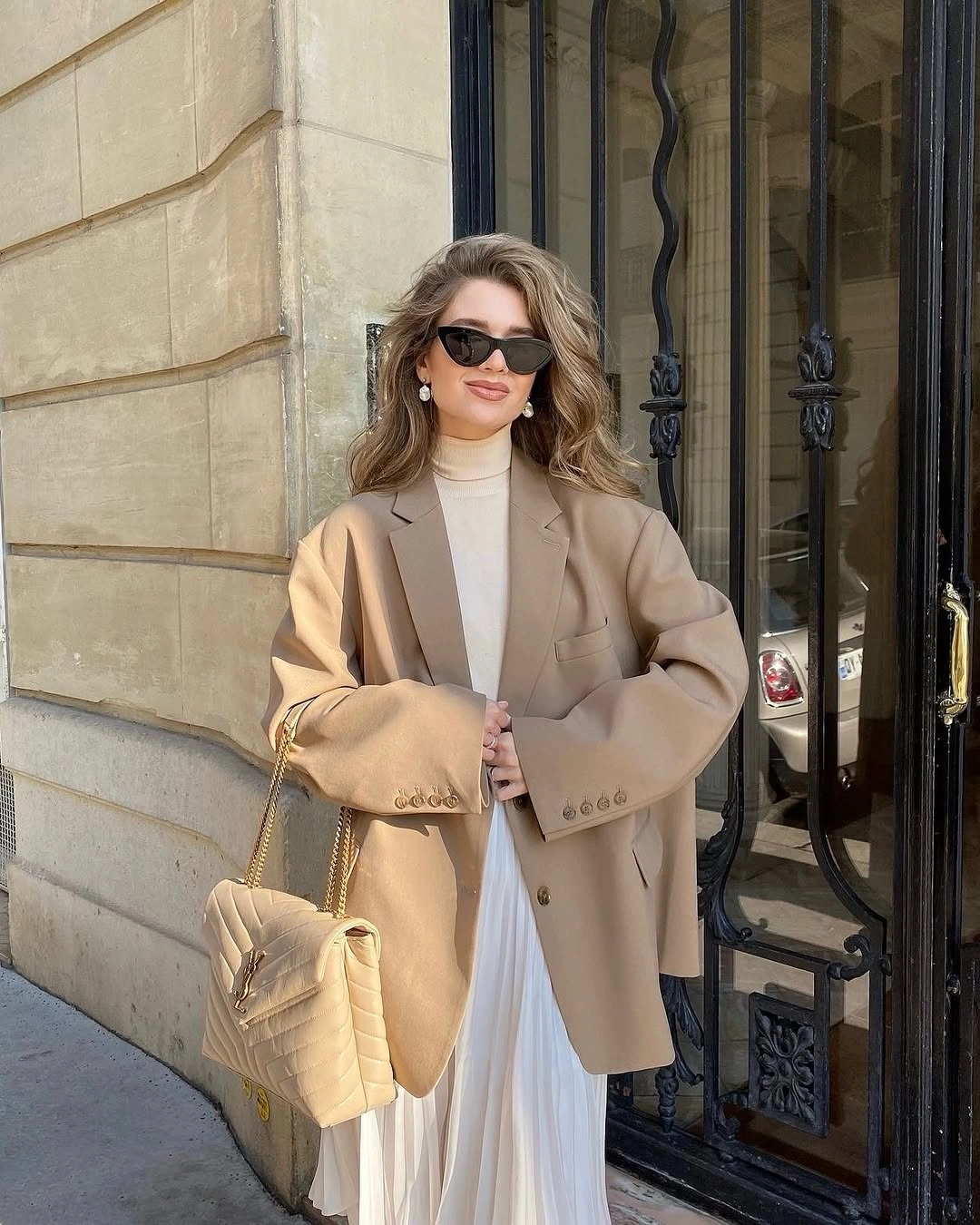 midi skirt fall outfit 2026 Soft Beige Tailoring with Pleated Elegance