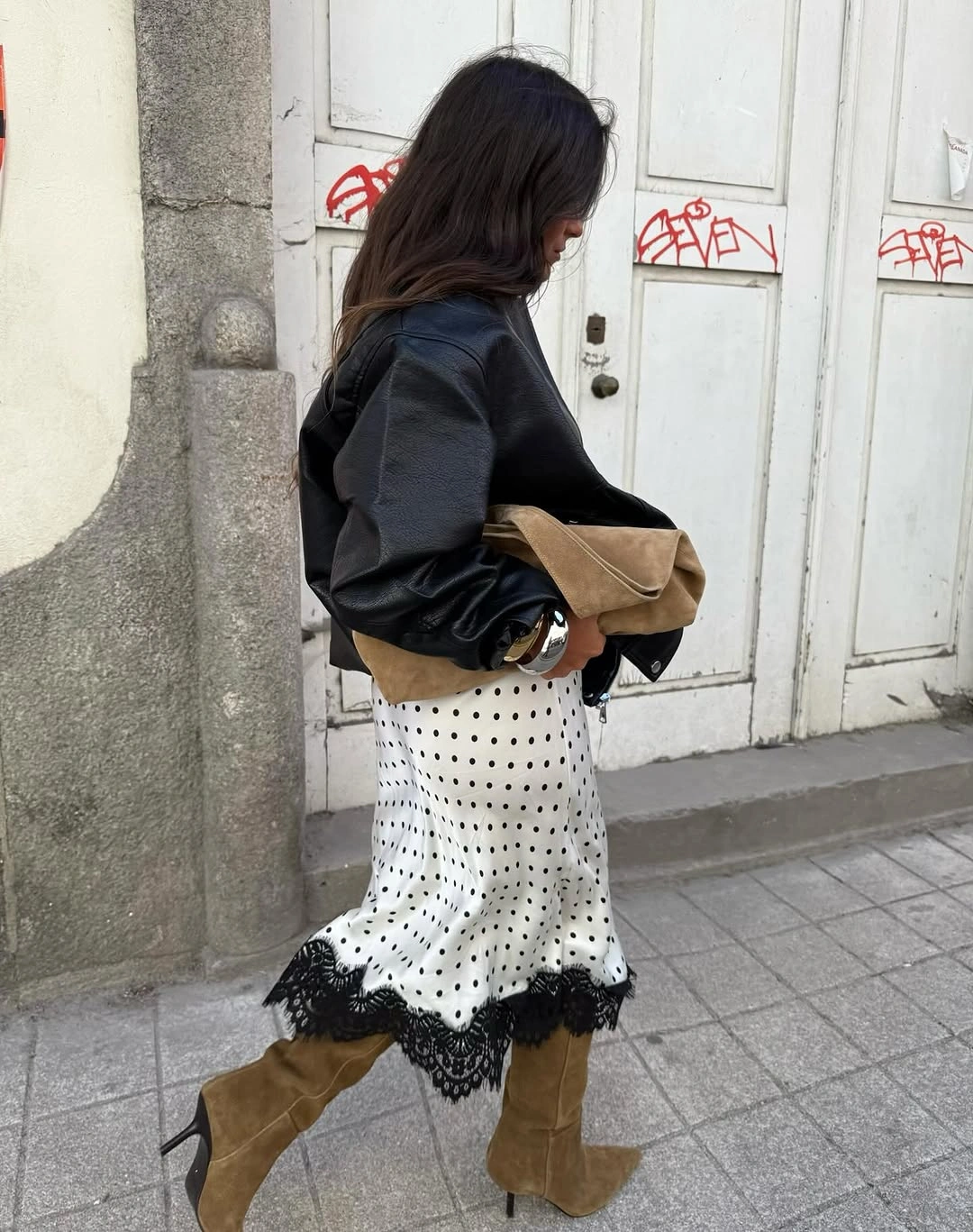 midi skirt fall outfit 2026 Polka Dots Leather and Tall Boots