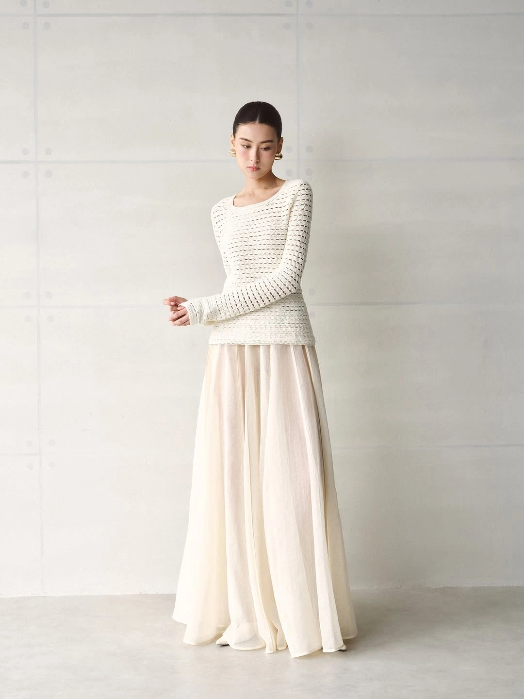 midi skirt fall outfit 2026 Soft Cream Layers with Graceful Movement