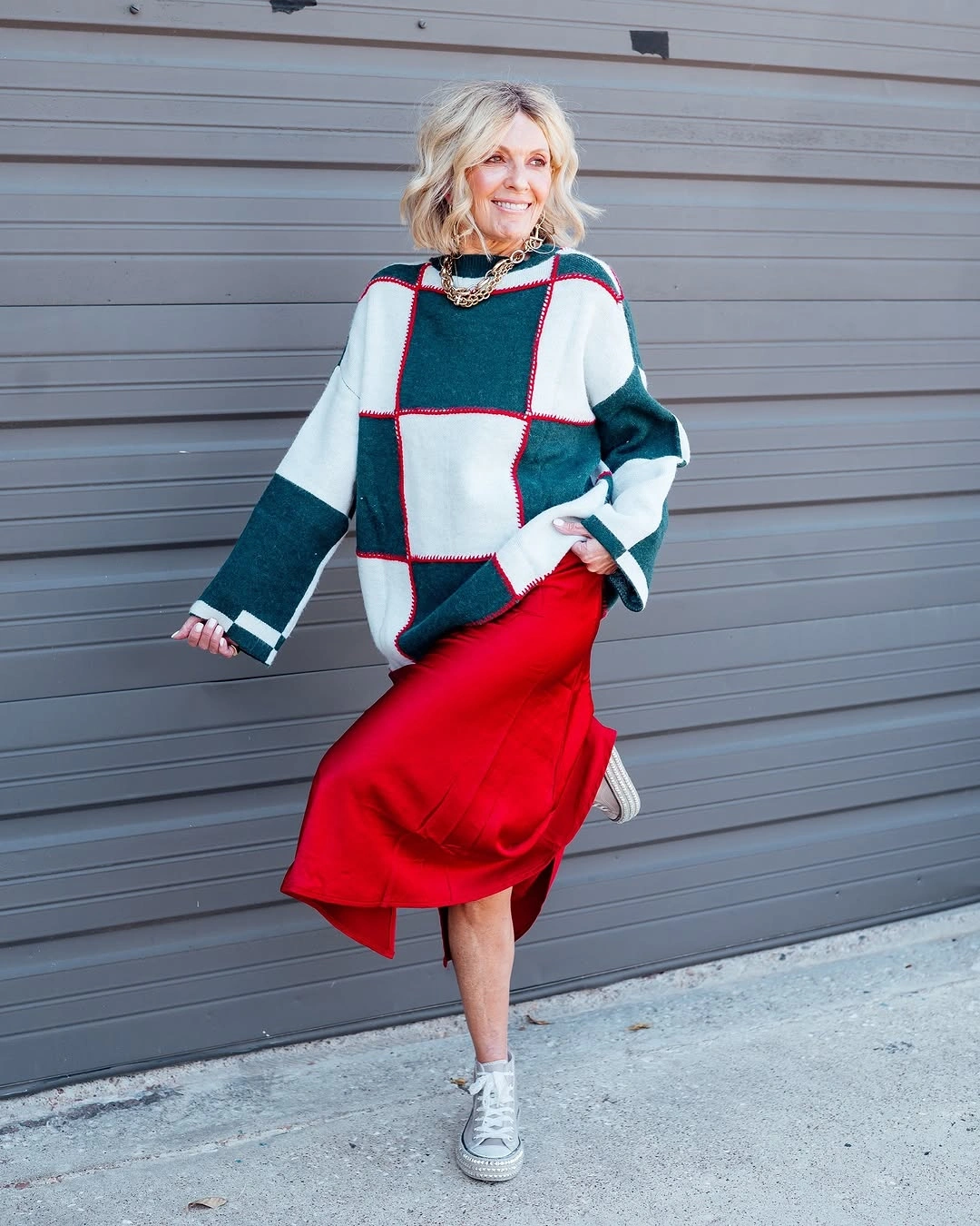 midi skirt fall outfit 2026 Bold Red Satin Brightens Cool Fall Days