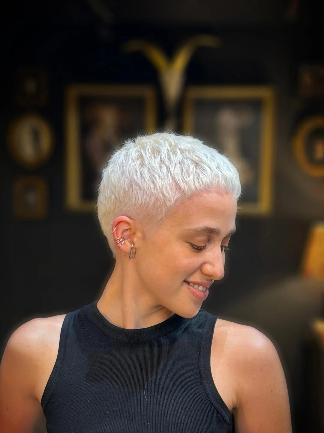fall pixie haircut ideas 2026 Snow White Buzz Pixie With Velvet Texture
