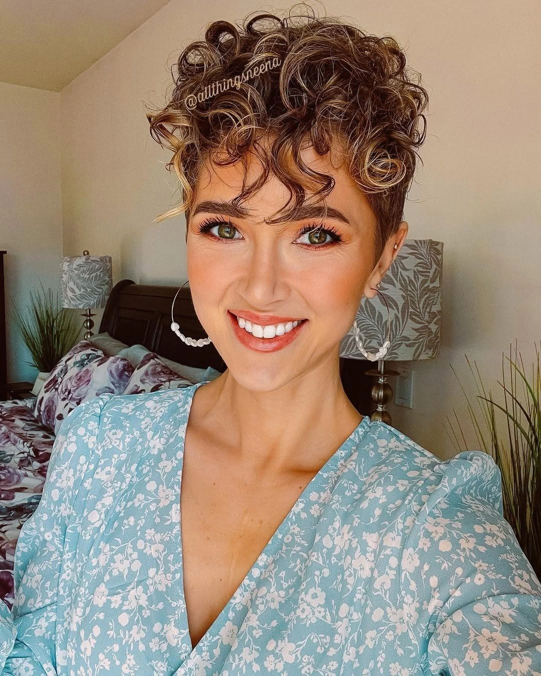 fall pixie haircut ideas 2026 Defined Curly Pixie With Honey Highlights