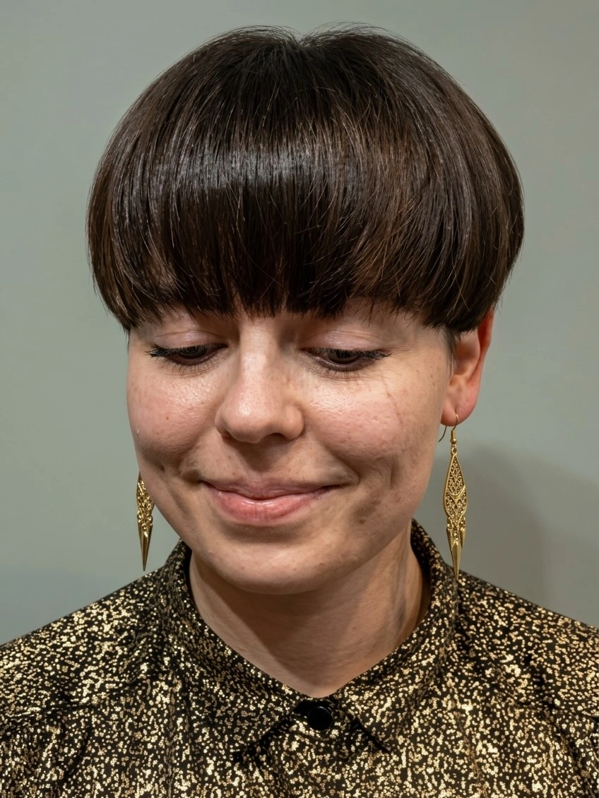 fall short haircuts 2026 Rounded Mushroom Bob With Full Statement Bangs