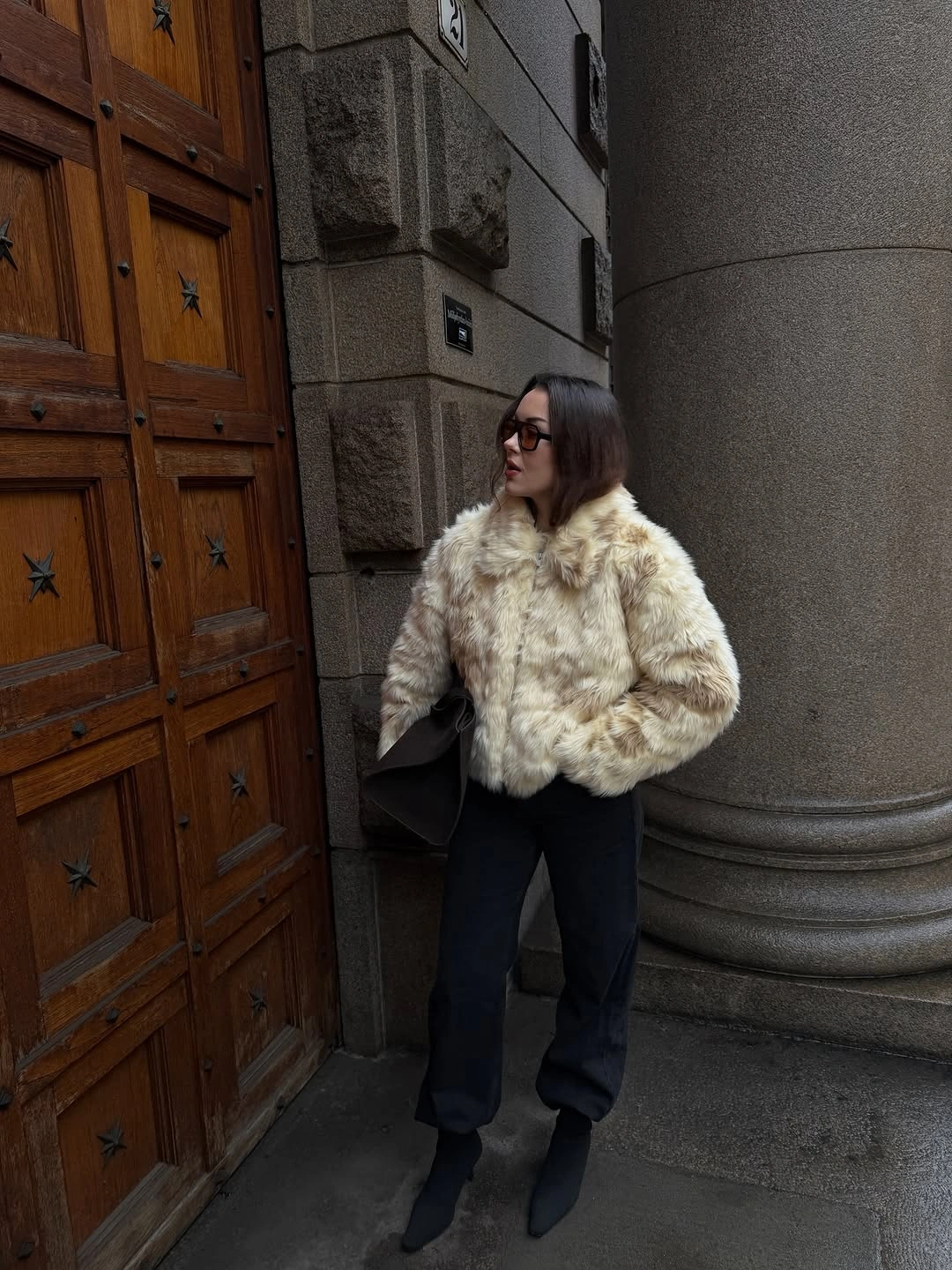 faux fur jacket Soft Ivory Texture with Relaxed Black Tailoring