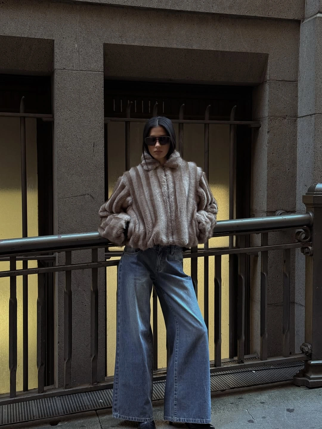 faux fur jacket Relaxed Denim and Soft Taupe Faux Fur