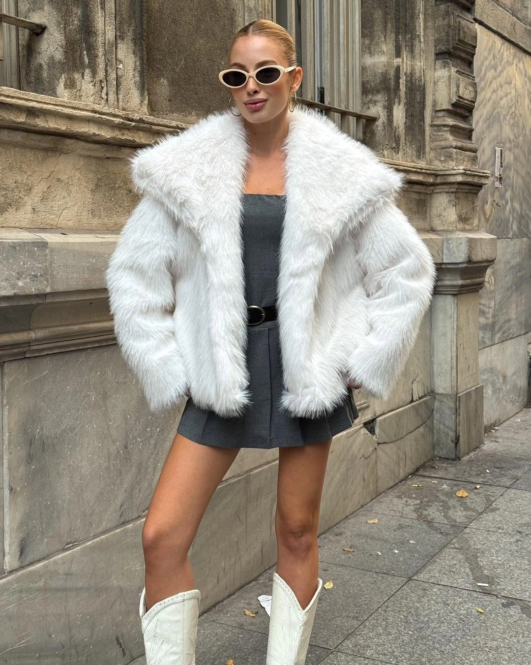 faux fur jacket Elegant White Faux Fur with a Chic Mini Dress