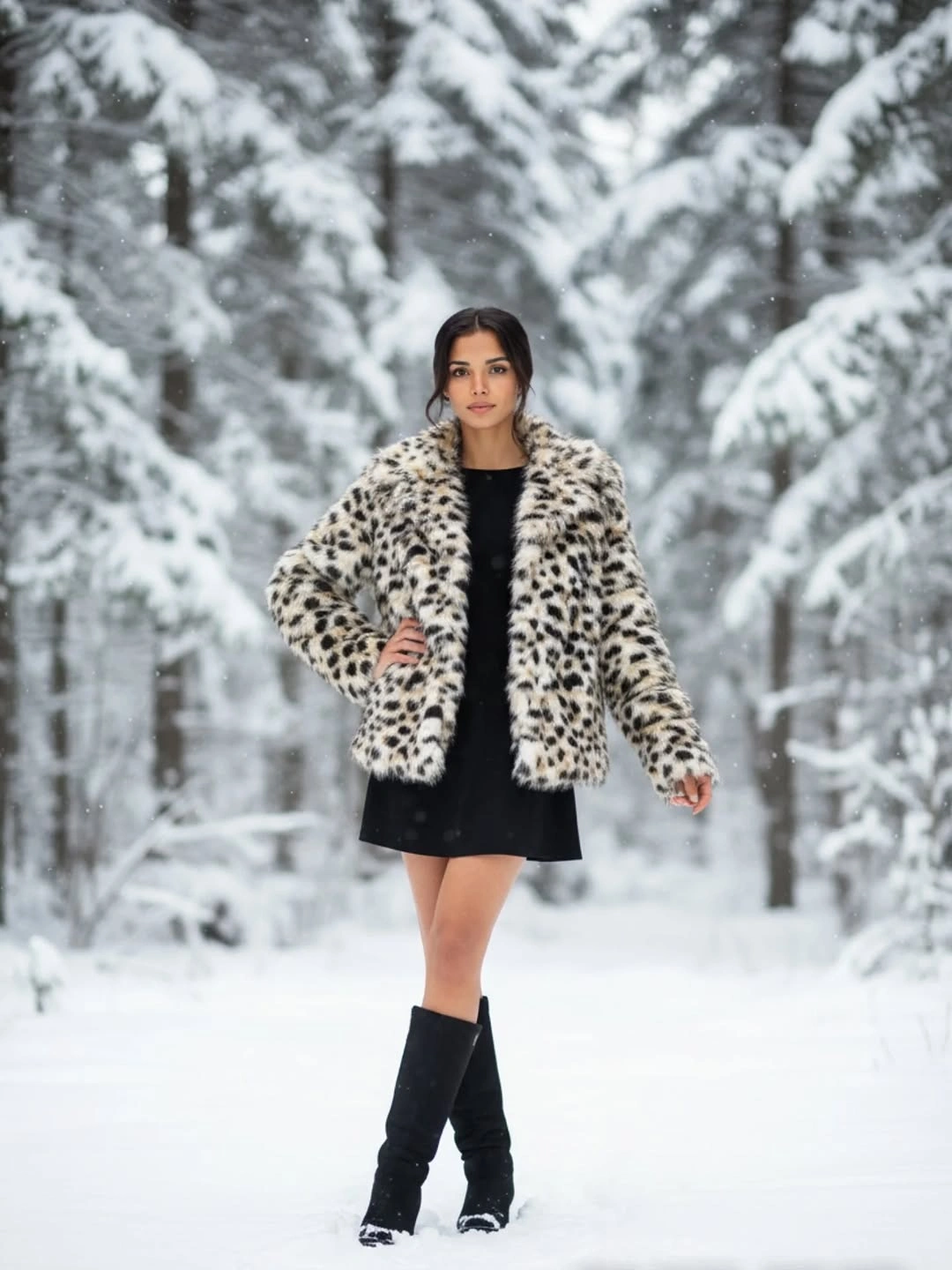 faux fur jacket Bold Leopard Faux Fur with a Classic Black Dress