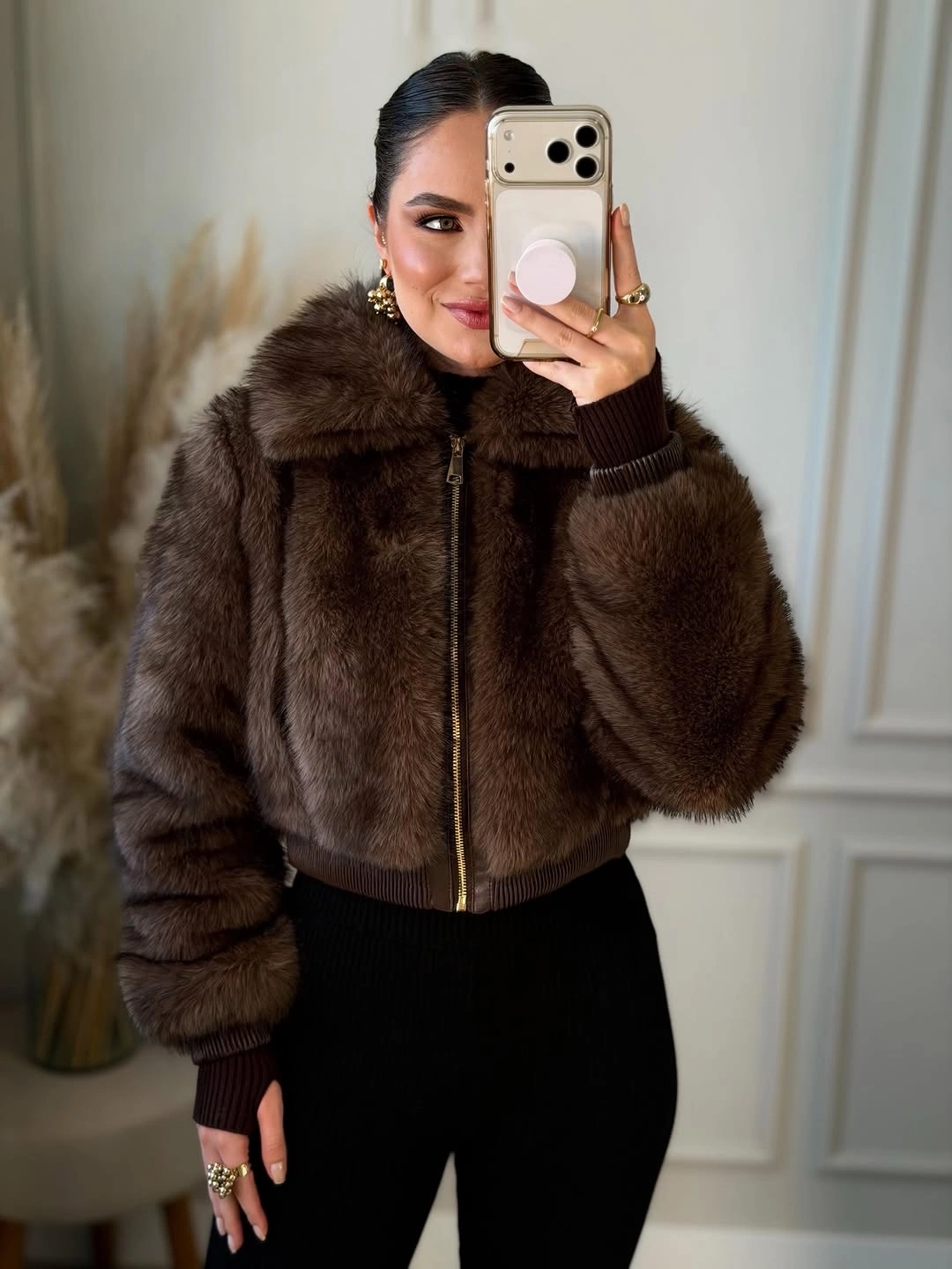 faux fur jacket Chocolate Bomber Faux Fur with Modern Minimalism