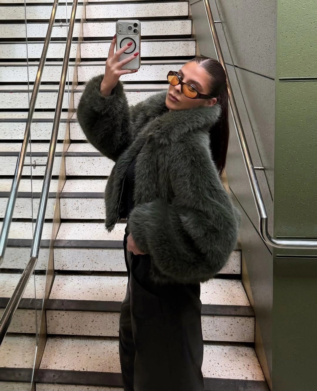 faux fur jacket Deep Olive Glamour for Modern City Evenings