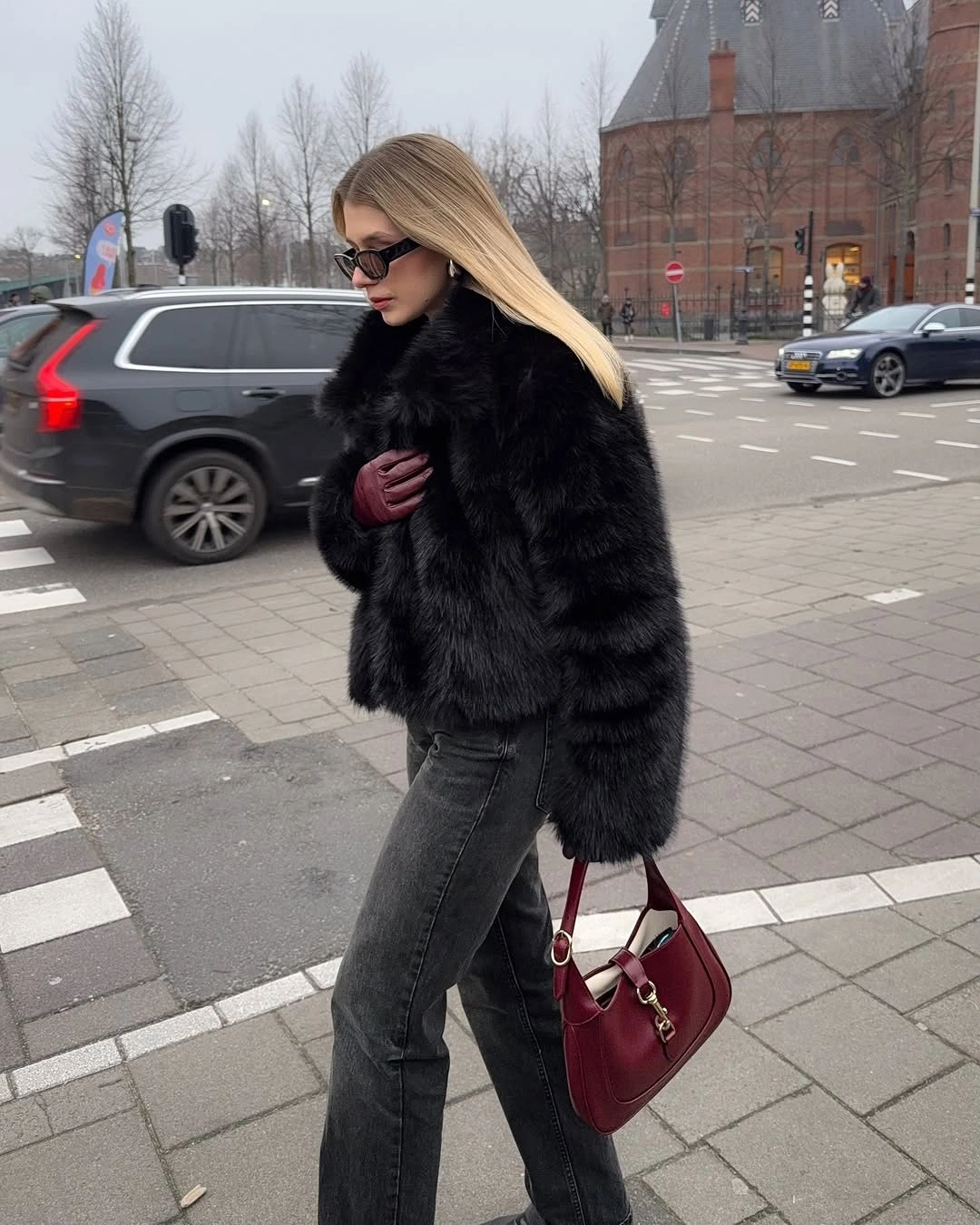 faux fur jacket Black Faux Fur with Rich Burgundy Accents