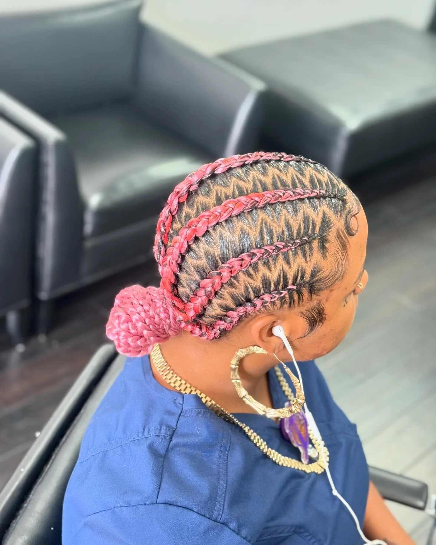 feed in braid hairstyles Pink Feed-In Bun With Artistic Zigzag Parting