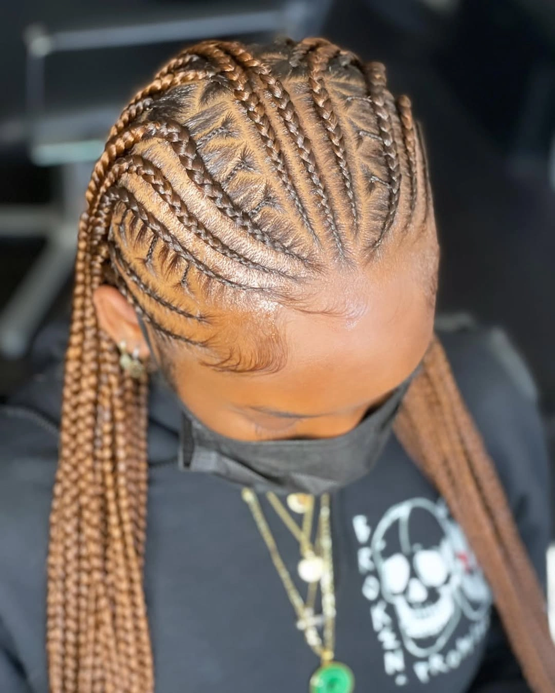 feed in braid hairstyles Honey Brown Feed-In Braids With Feathered Stitch Pattern