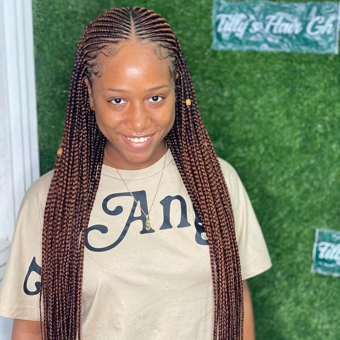 feed in braid hairstyles Long Cinnamon Braids With Soft Center Parting