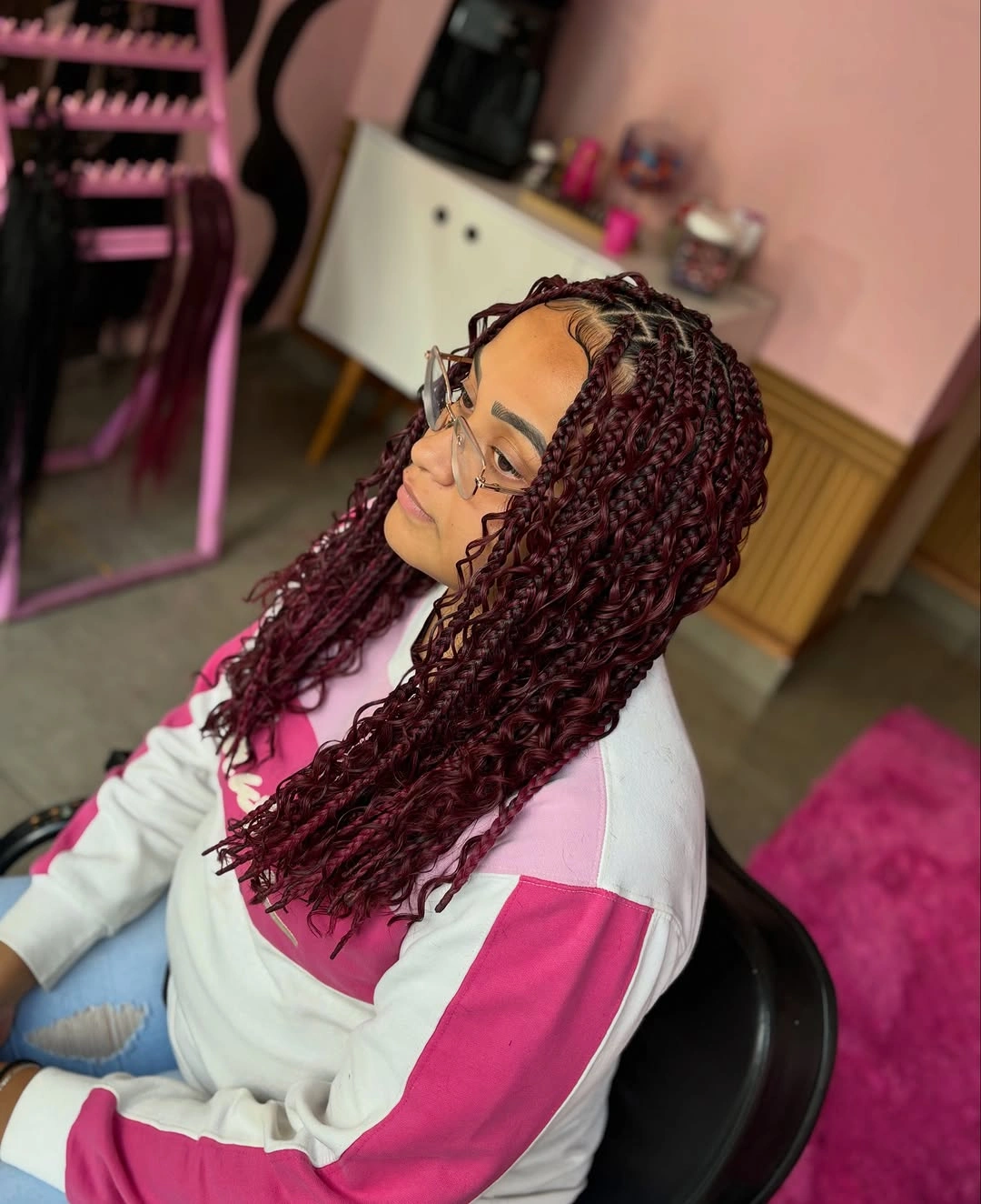 goddess braid Rich Burgundy Goddess Braids with Soft Romantic Waves