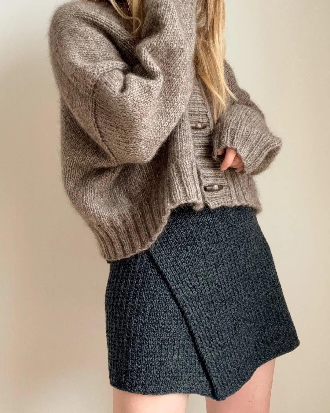 knit skirt outfits fall 2026 Charcoal Knit Mini Styled With a Relaxed Brown Cardigan