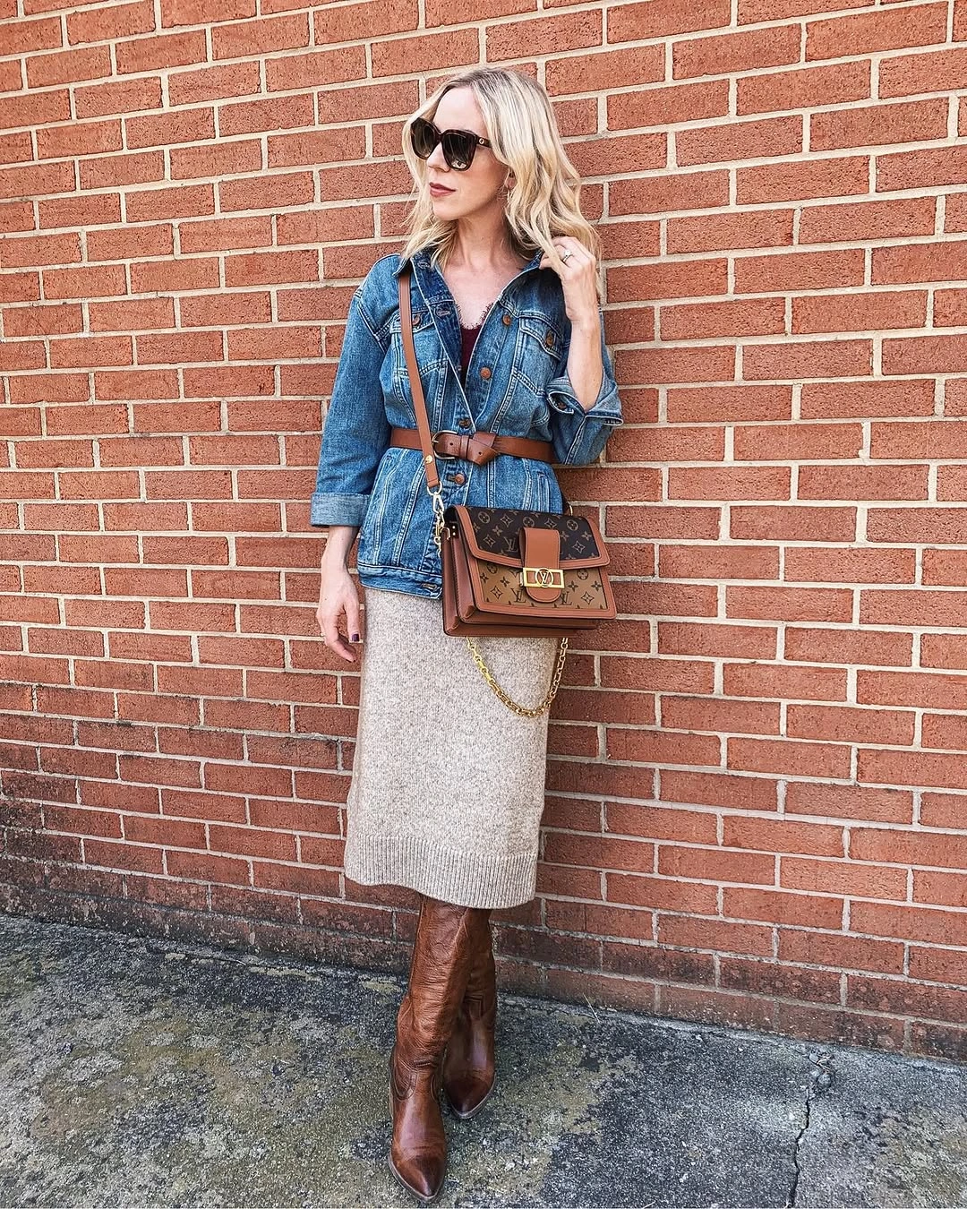 knit skirt outfits fall 2026 Denim Jacket and Beige Knit Skirt for Casual Fall Days