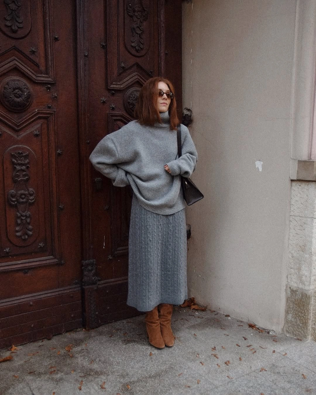 knit skirt outfits fall 2026 Grey Knit Elegance With Warm Tan Boots