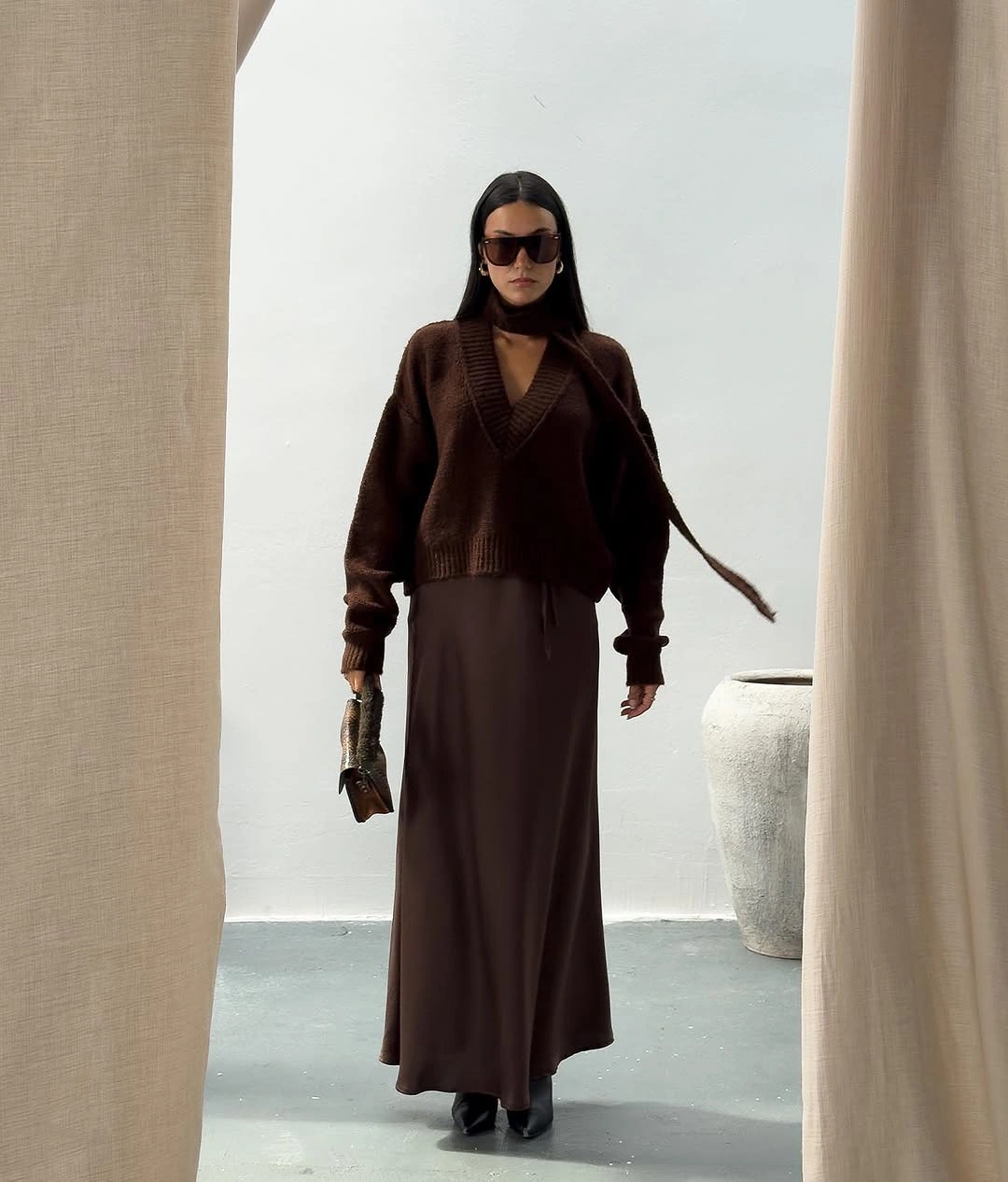 knit skirt outfits fall 2026 Rich Brown Monochrome Layers for Sophisticated Fall Evenings