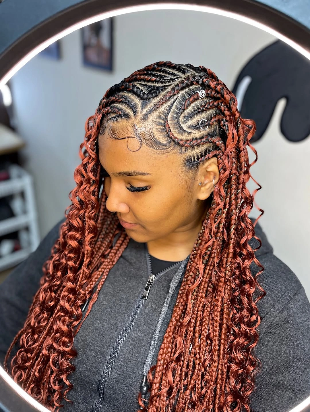lemonade braid hairstyle Copper Boho Lemonade Braids With Artistic Swirl Designs