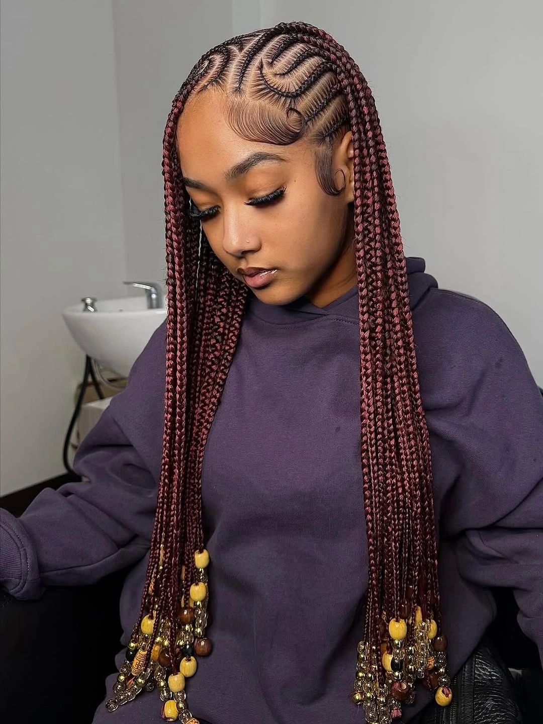 lemonade braid hairstyle Long Burgundy Lemonade Braids Finished With Beads