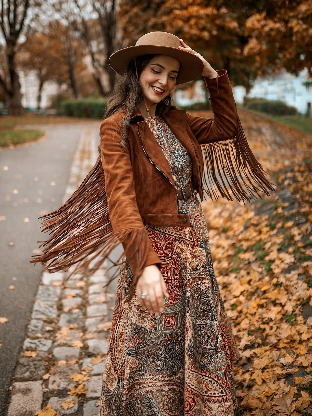 September fashion trends 2026 Fringe Jacket With Printed Autumn Dress