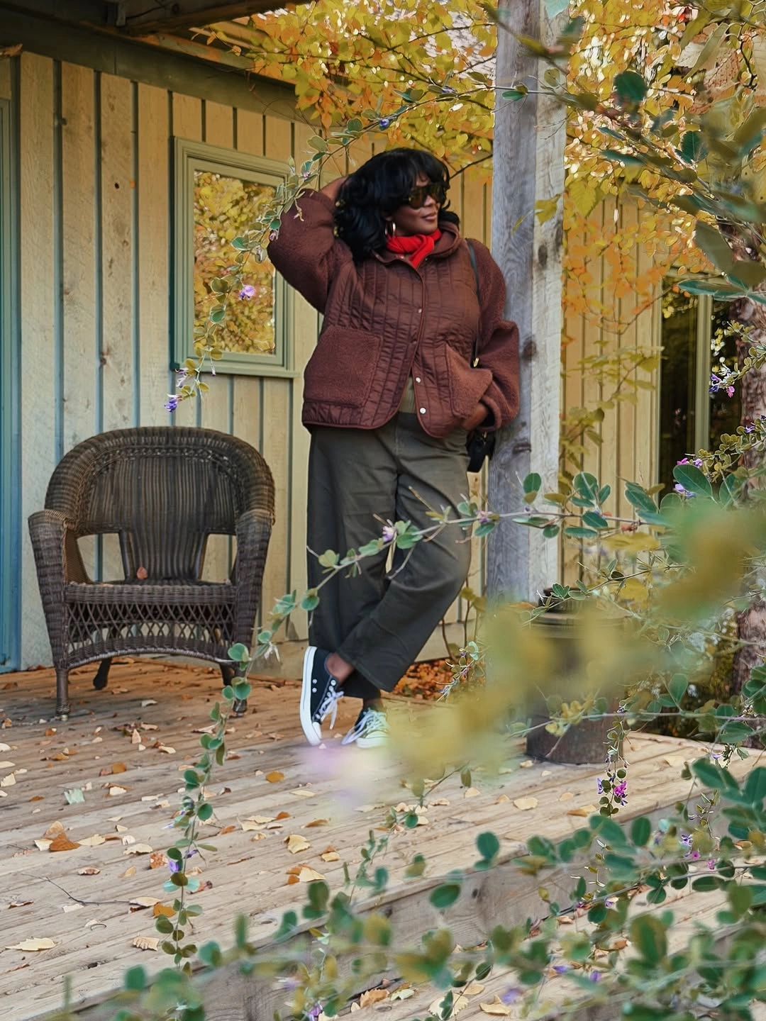 September fashion trends 2026 Burgundy Puffer With Wide Green Trousers