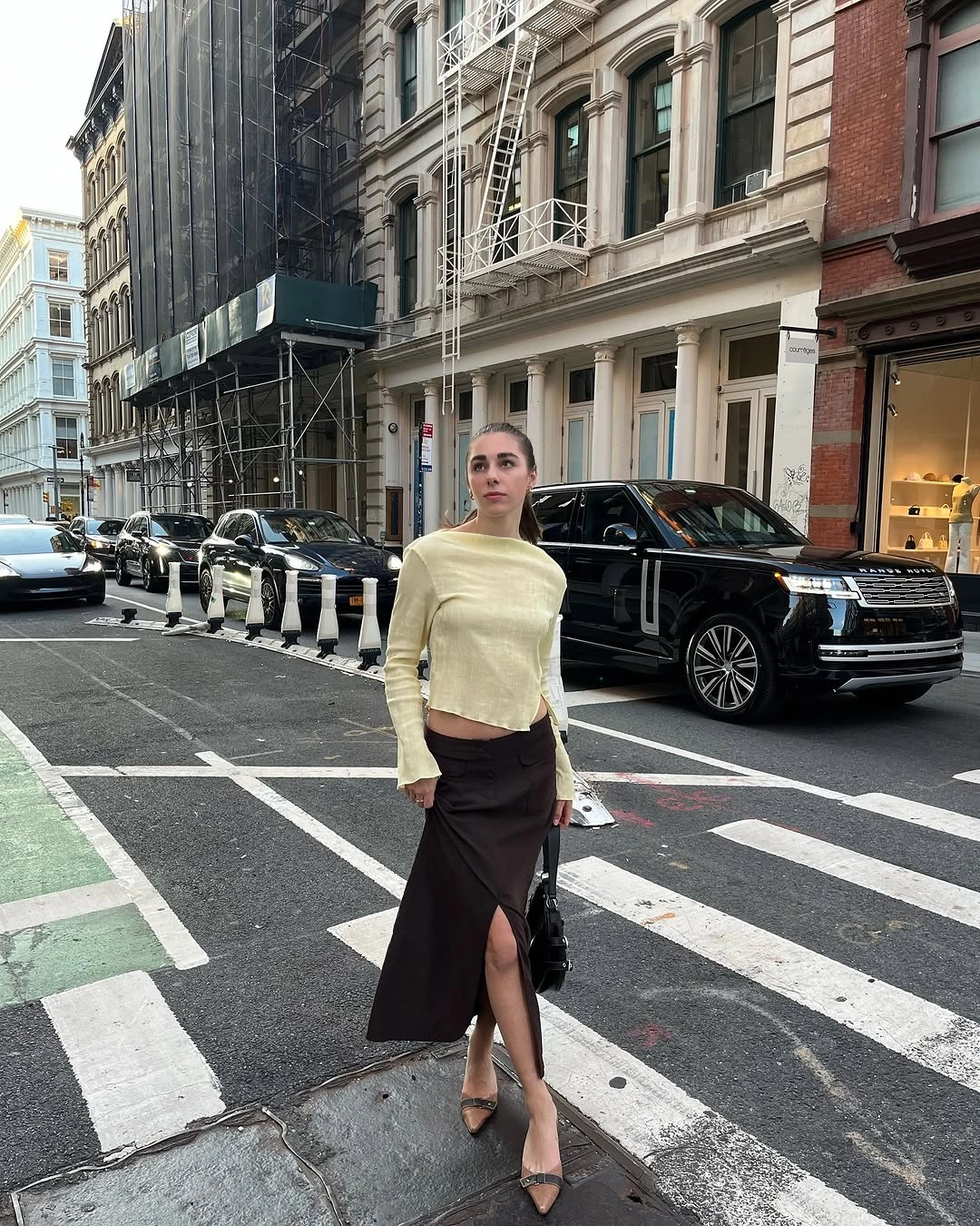 September fashion trends 2026 Pale Yellow Knit With Brown Column Skirt