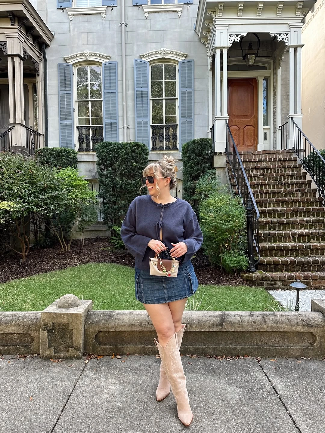 September fashion trends 2026 Denim Mini Skirt With Tall Cream Boots