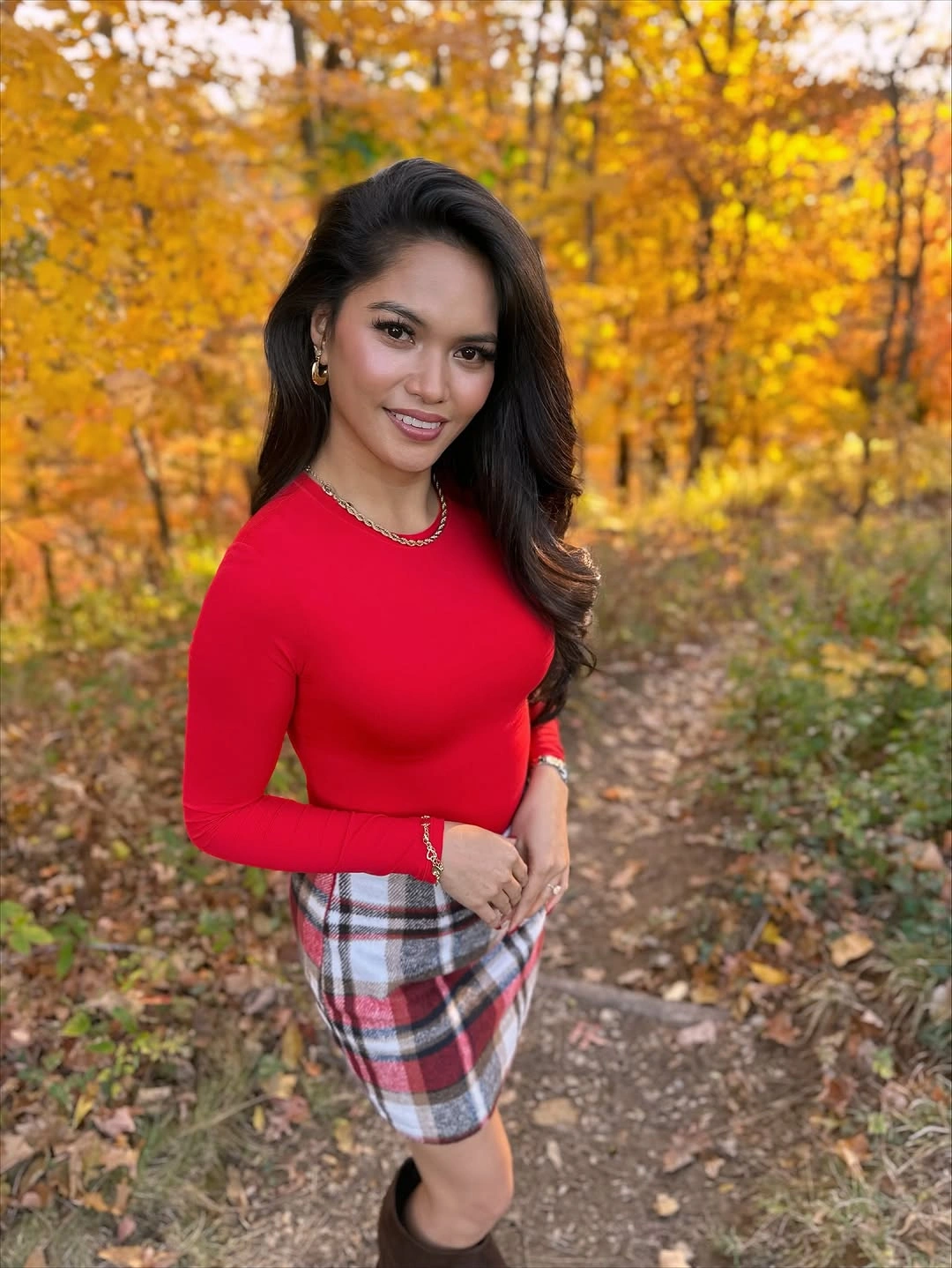 September fashion trends 2026 Red Knit Top With Plaid Pencil Skirt
