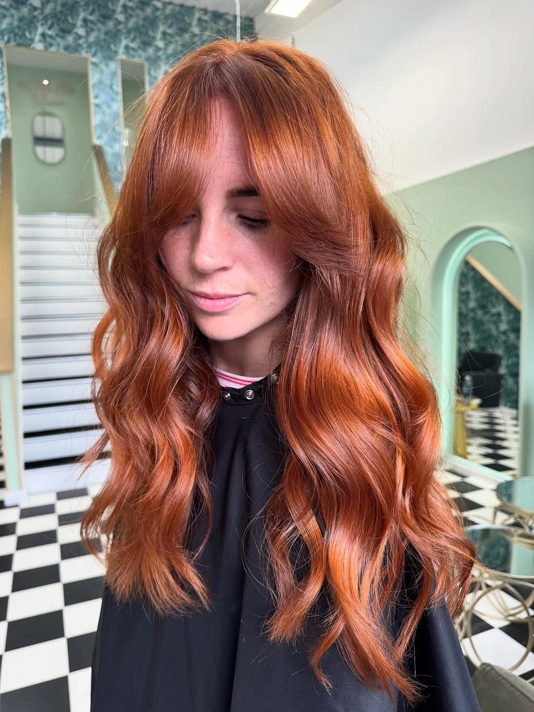 September hairstyles ideas 2026 Copper Waves With Full Curtain Bangs