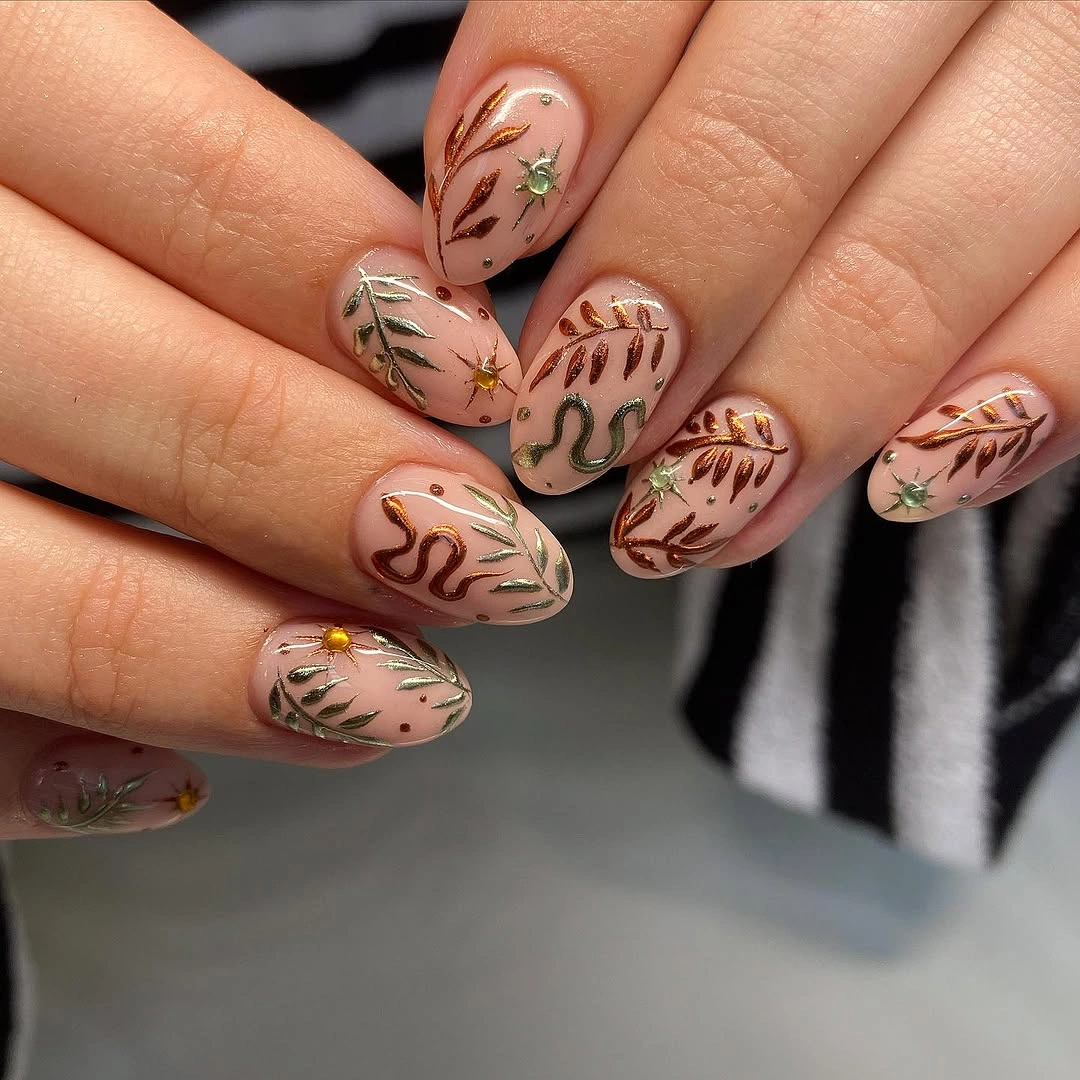 September nail art ideas 2026 Neutral Leaf Nail Art With Fine Brown Lines