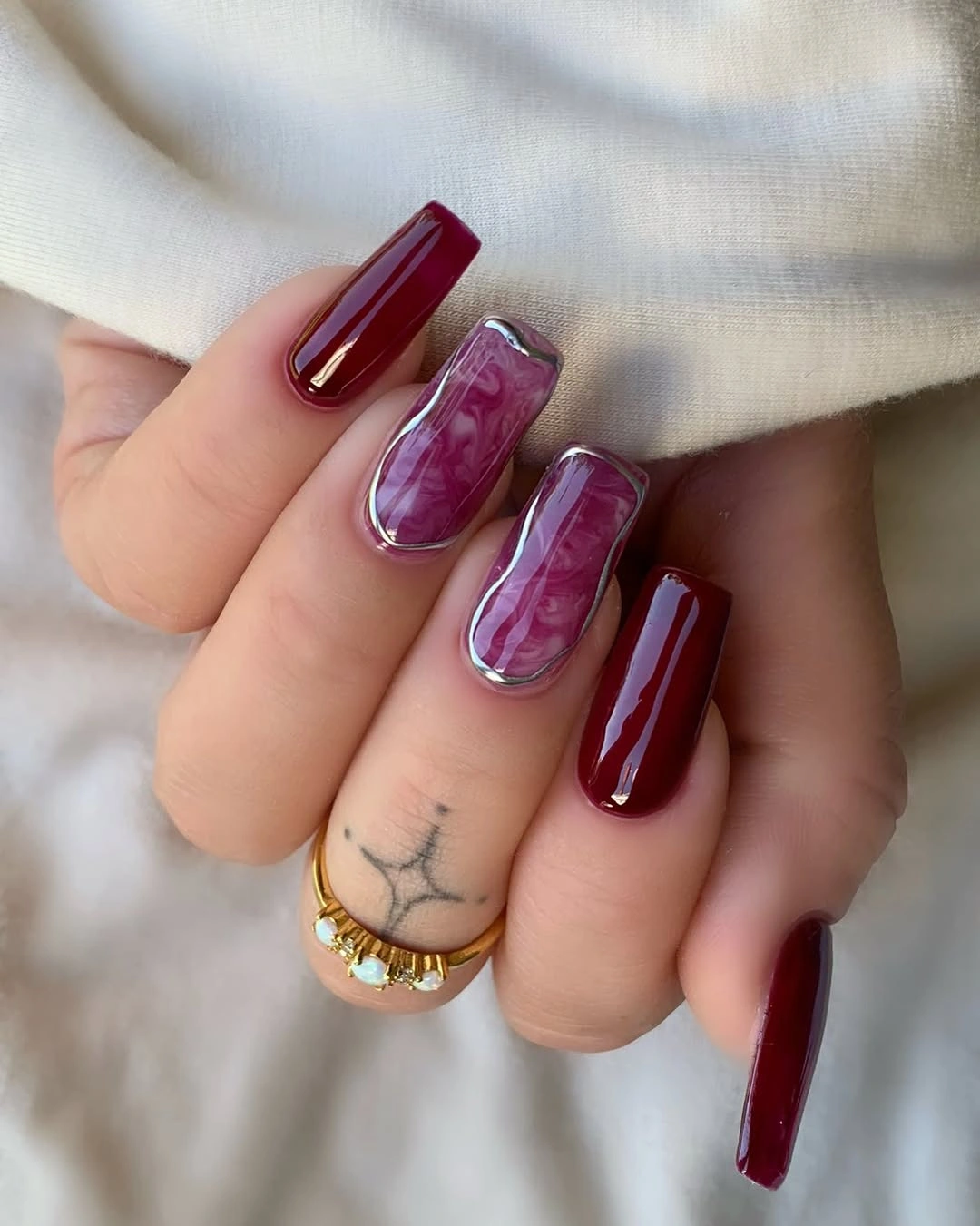September nail art ideas 2026 Wine Square Nails With Marbled Purple Accents