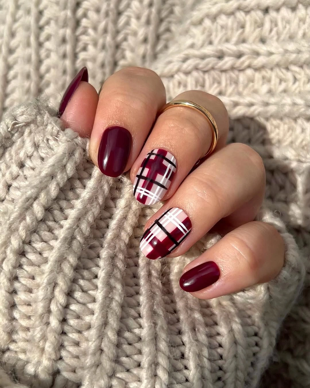 September nail art ideas 2026 Burgundy Plaid Nails With Glossy Solid Accents