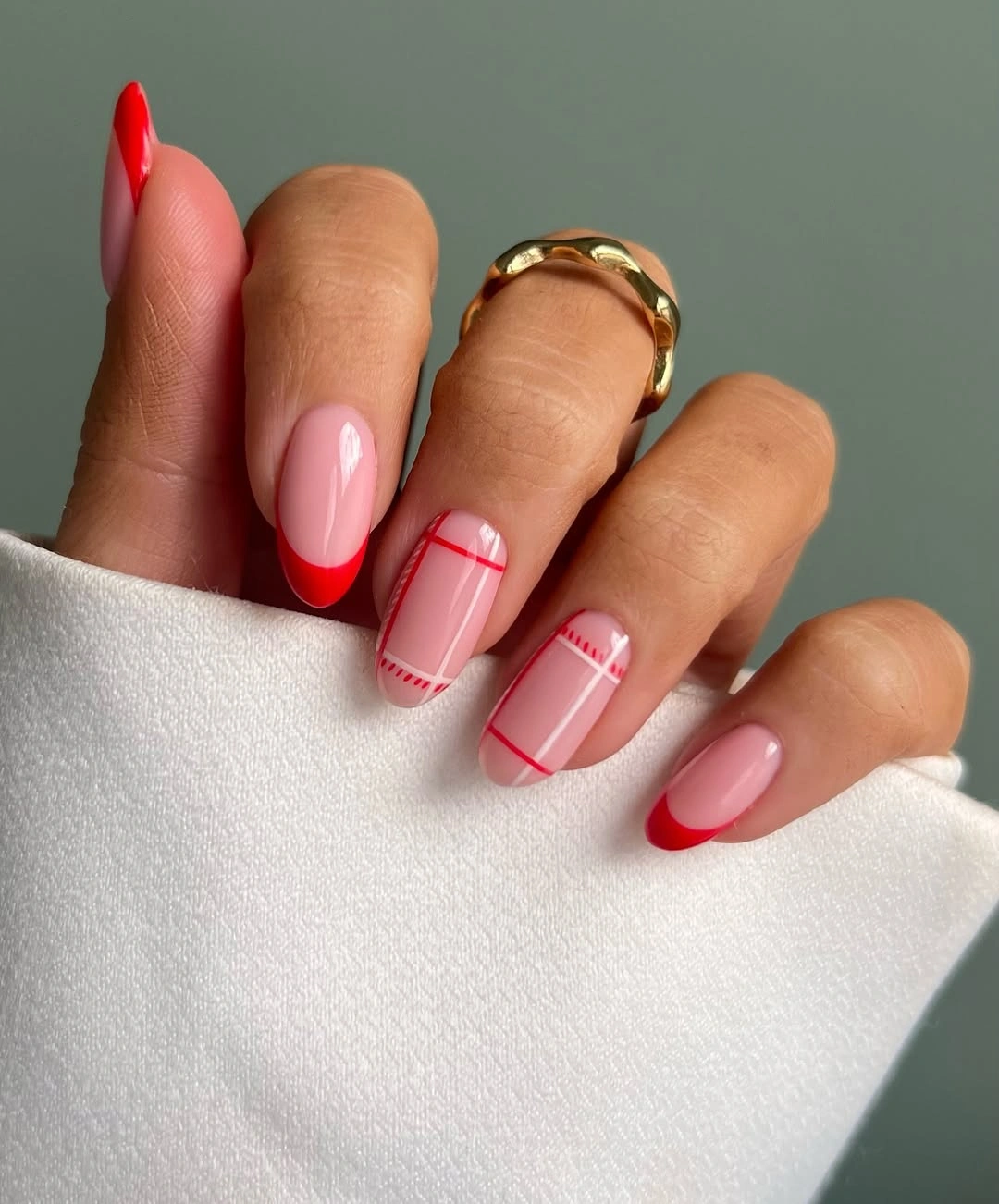 September nail art ideas 2026 Red Angled French Tips With Fine Pink Lines