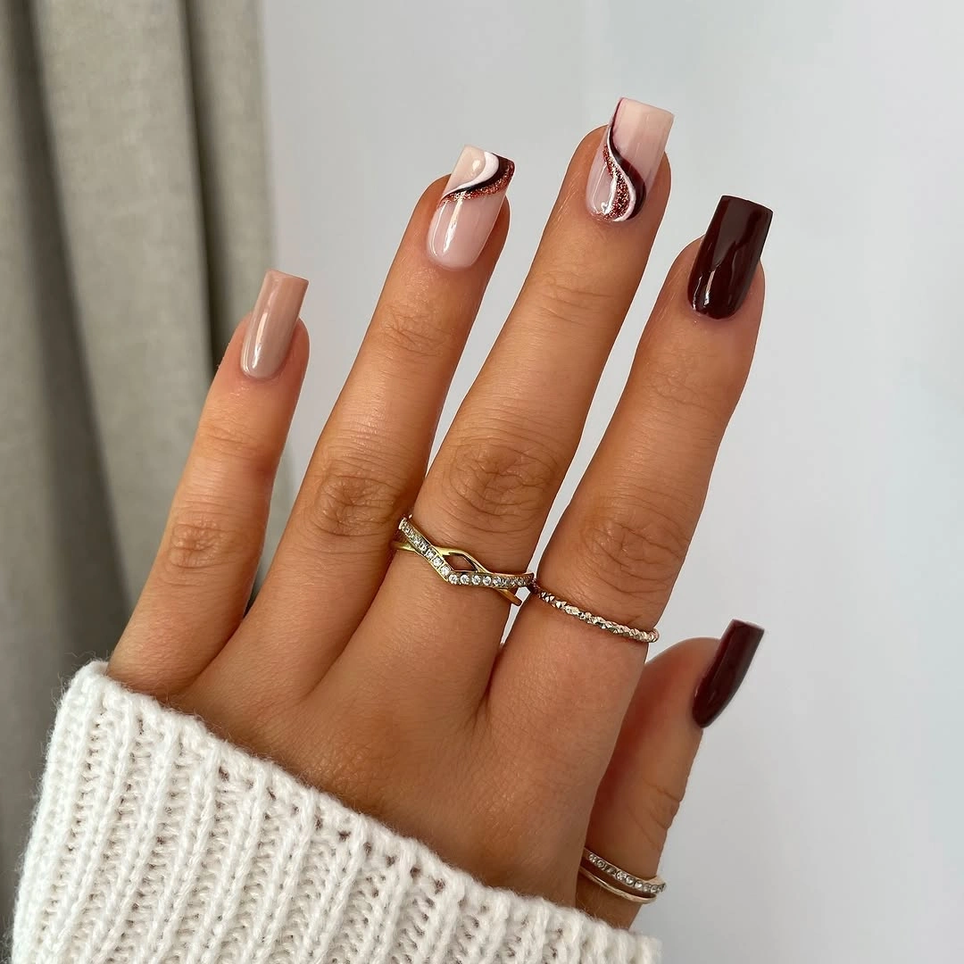 September nail designs 2026 Mocha Square Nails With Nude Swirl Accents