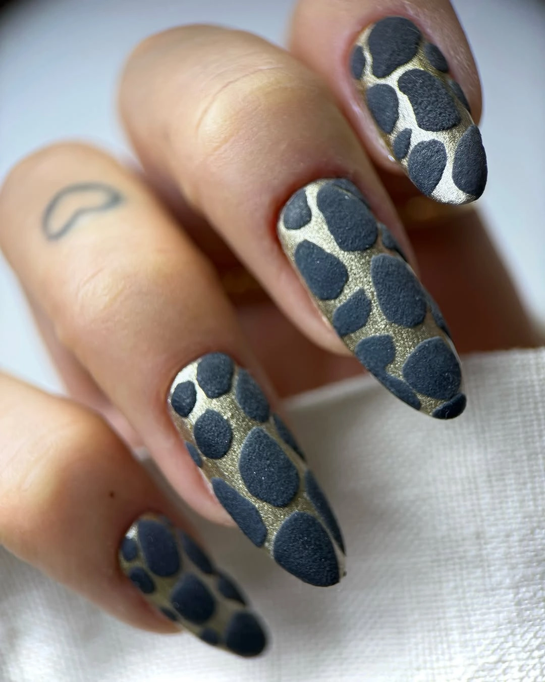 September nail designs 2026 Blue And Olive Almond Nails With Organic Spot Pattern